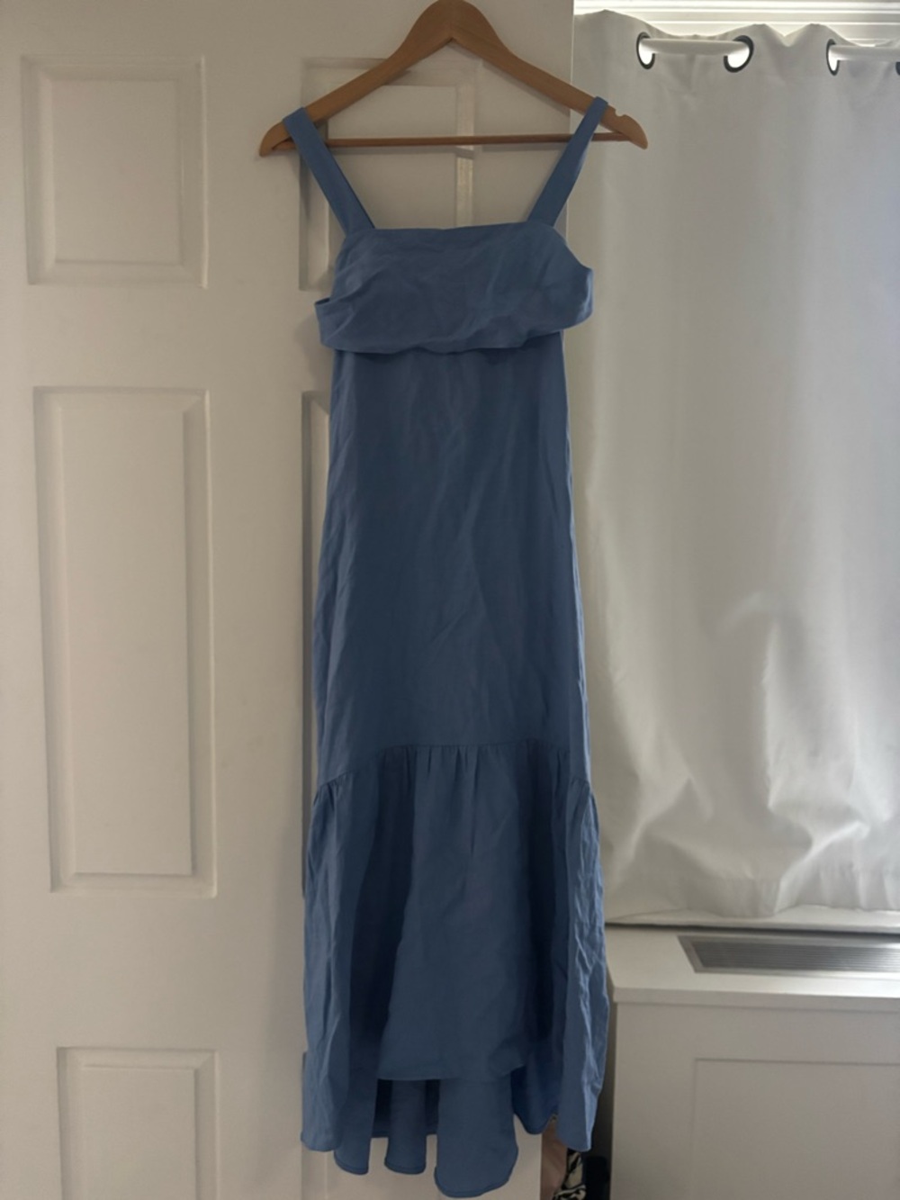 Light Blue Sleeveless Linen Maxi Dress with Ruffles Argentinian
